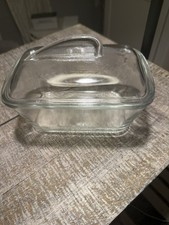 VTG Glasbake J-805 Clear Glass Covered Loaf Pan 1.5 Qt. Shark Fin Lid Mint. MCM picture