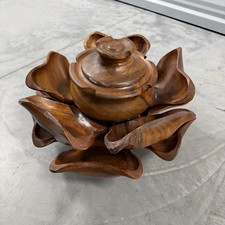 Vintage Monkey Pod Wood Lotus Flower Serving Bowl Set Lidded Chip Dip MCM Tiki picture