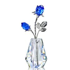 Blue Crystals Roses in Vase with Sliver Metal Stem Glass Figurine Ornament picture