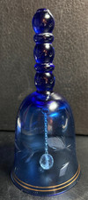 Vintage Bohemian Cobalt Blue Glass Bell Gold Trim Etched 6x3