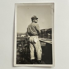 Vintage Snapshot Photograph Handsome Working Man Boat Great Hat picture