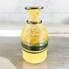 Studio Art Pottery Vase Bottle Shaped Vessel Hand Made Yellow Glazed Carved VTG picture