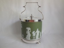 Antique Wedgwood c1891 Green Dip Jasperware & Silver Plate Biscuit Barrel picture