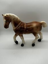7.5” Antique 1940s Ceramic Plow Horse Figurine Brown/White With Harness picture