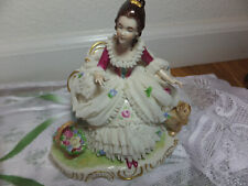 Unique Dresden porcelain figurine German lace art- Lady with dog and flower picture
