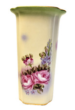 Beautiful 8” VTG Hand Painted Pink Roses  Flowers Square Porcelain Vase Gold Rim picture