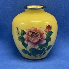 Vintage Enamel 1940’s Japanese Yellow Floral Cloisonné Small Vase 3.75” picture
