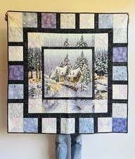 Vintage Handmade Winter Cottage Quilt Snow Cabin Wall Hanging 48x49 Cottage Core picture