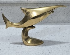 Vintage Solid Brass Swordfish Marlin on Wave Figurine Modernist Nautical Decor picture