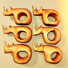 Set of 6 Carved Wood Rhinoceros Napkin Rings African Safari Animals Tribal Decor picture