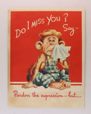 Vintage Cute Lousy Monkey's I Miss You Rust Craft Greeting Card c.1948 picture