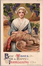 Vintage 1912 Winsch Schmucker THANKSGIVING Postcard Pilgrim Lady Plucking Turkey picture