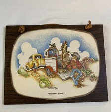 VINTAGE CARTOON COWBOY HORSE WOODEN WALL PLAQUE SIGNED R. C. GENTRY DATED 1975 picture