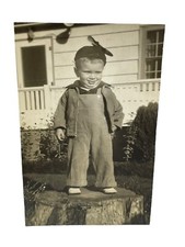Vintage Little Boy Wearing a Beanie Propeller Hat in Overalls Snapshot Photo picture