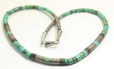 Vintage Santo Domingo Pueblo Sterling Silver Turquoise Heishi Bead Necklace 15