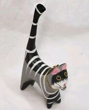 Wooden Cat Figurine Hand Painted 5 1/2