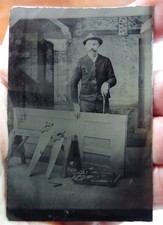 Antique Occupational Tintype Photo Carpenter Old Tools Saws Door Drill Square picture