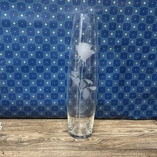 Tall Clear Glass Vase Etched Rose Floral Design 15” Decorative Flower Vase  picture