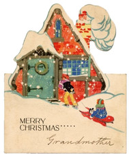 Vintage Art Deco Merry Christmas Greeting Card Snowy Cottage Kids Sled c1920s picture
