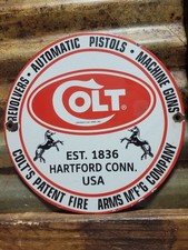 VINTAGE COLT PORCELAIN SIGN OLD GUN FIREARM RIFLE HORSE 1961 CONNETICUT REVOLVER picture