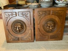 Pair Gorgeous French Architectural Mahogany Wood Door Panels Hand Carved Lions picture