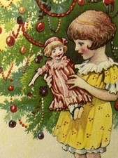 Christmas Postcard Children Girl Near Tree Yellow Dress Looks at Doll picture