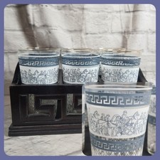 Set Of 6 Vtg Jeannette Glass Blue Helenic Greek Key Pattern Tumbler + Carry Tray picture