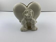 1980 DUNCAN ENTERPRISES HEART SHAPED VASE BUNNIES ROSE Planter Garden 1Z picture