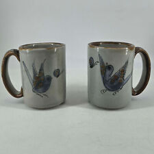 Pair Vintage Ken Edwards Coffee Cups Tonala Mexico Mugs blue BIRDS butterflies picture