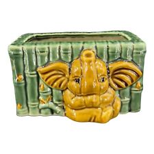 Vintage Green Ceramic Majolica Style Planter Square Bowl Pot W Yellow Elephant picture