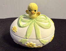 Vintage Lefton Ceramic Chick on Easter Egg Covered Candy Container Dish MCM picture