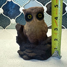 Vintage Brown Owl Figurine Glass Eyes Textured Rustic Woodland Decor 5” picture