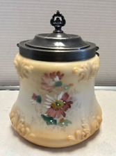 Antique Cracker Jar & Lid. Van Bergh Rochester, NY. Raised Hand Painted Flowers picture