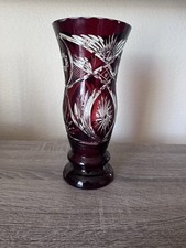 Vintage Ruby Red Crystal Cut to Clear Vase Bohemian Czech Style Burgundy 9 1/2” picture