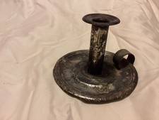 Antique 19th C Tin Push-Up Chamberstick Candle Holder Finger Loop Primitive picture