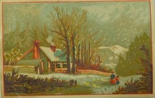 1870's-80's The reat American Tea Co. Coffee Winter Snow Cottage Mom & Child P82 picture