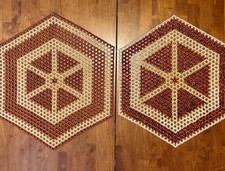 Vintage Beaded Table Mats Pair 23” & 25”Amber Clear Plastic Geometric Hexagons picture