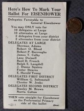 1952 New Hampshire Dwight Eisenhower for President Sherman Adams Coattail card-- picture
