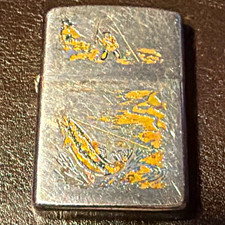 Zippo Brushed Metal Flip-Top Lighter Gold-Toned Etched Design Made in USA picture