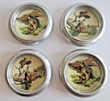 LOT of 4 Vtg Fred Sweeney Coasters With Wild Birds & Fish Metal Glass        C41 picture