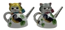 Vintage Ceramic Salt Pepper Cat Kitty Kitten Teapots Pansy Flowers Floral AS IS picture