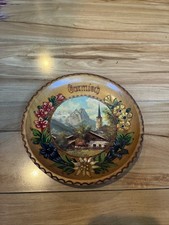 Vintage Garmisch Germany Hand Painted Wooden Souvenir Wall Plate 6.5”Edelweiss picture