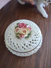 Vintage Porcelain Hand Painted Rose Reticulated Covered Round Trinket Dish 6.5” picture