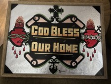 Vtg God Bless Our Home Foil Art 17x13 Sacred Heart  Framed Under Glass picture