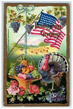 1909 Thanksgiving Greetings Turkey Fruits In Basket Flag Embossed Postcard picture