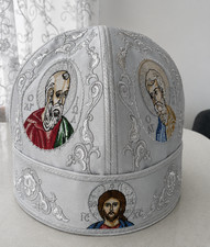 Orthodox Christian Silver Skufia Hat with Embroidered Icons, Clergy Cap picture