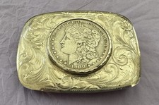 VTG Nevada Hand Engraved Sterling Silver 1900 Morgan Silver Dollar Belt Buckle picture