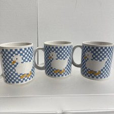 Vintage K.I.C. Coffee Cup Mug Blue & White Checkerboard with Duck - Set Of Three picture