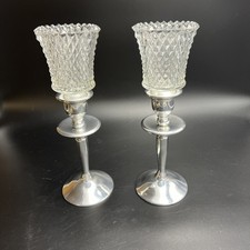 Plator Silverstone Silver-Tone Stems With Diamond Glass Candleholders Set-2 Vtg picture