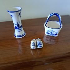 Vintage Lot 3 Dutch Delft Blue & White Mini Vase Mini Basket Mini Dutch Shoes picture